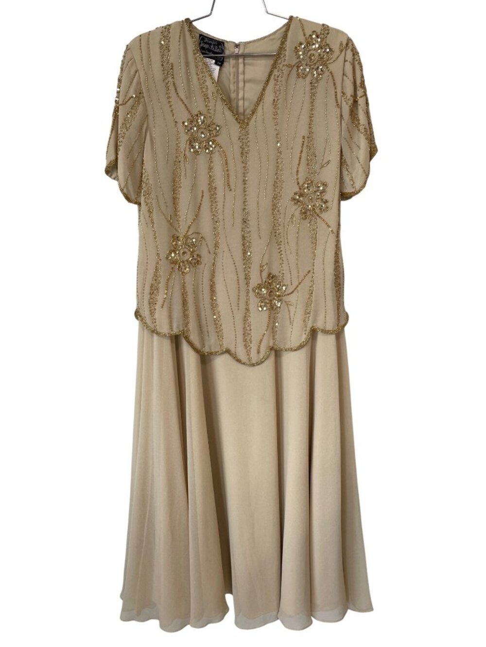 Vintage Joseph Le Bon Dress Size 12 Beaded Sequin Short Sleeve Beige Formal Gown